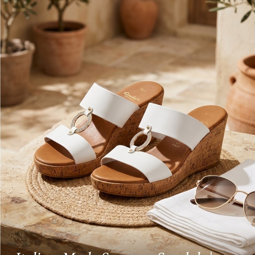 Authentic Italian Leather Wedge Sandals - Sparkling Rhinestone Detail